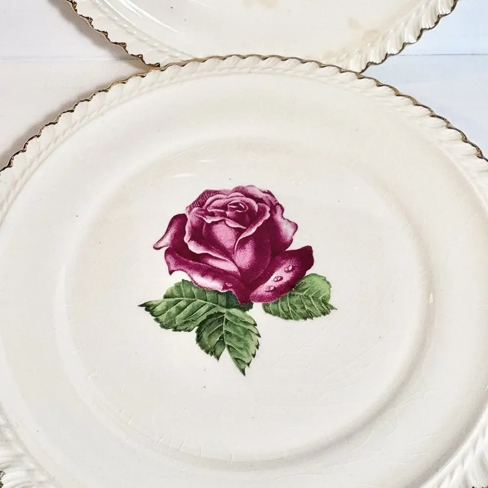 Harker Pottery Co Wild Rose Dessert Plates 22K Gold Rim Bread USA 1940s Tea 4